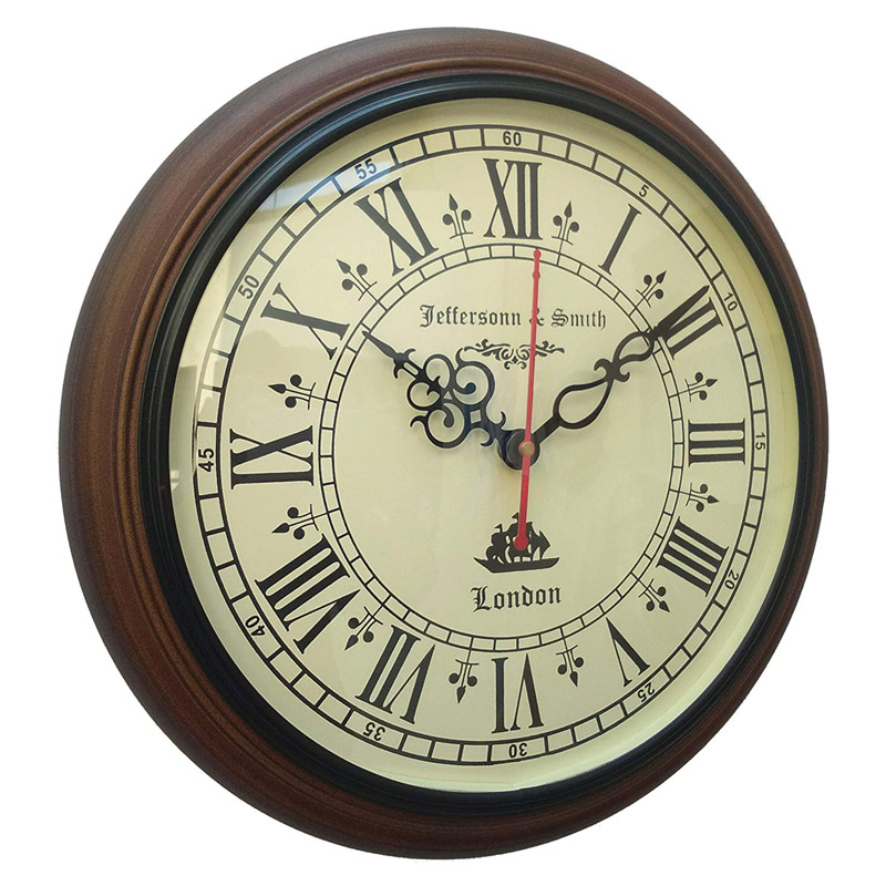 Wooden Wall Clock Antique Style Art Unique 12 inch Beautiful Luxury Decorative Round Shape Metal Wooden Iron Handmade Luxury for Home Office décor Color Brown