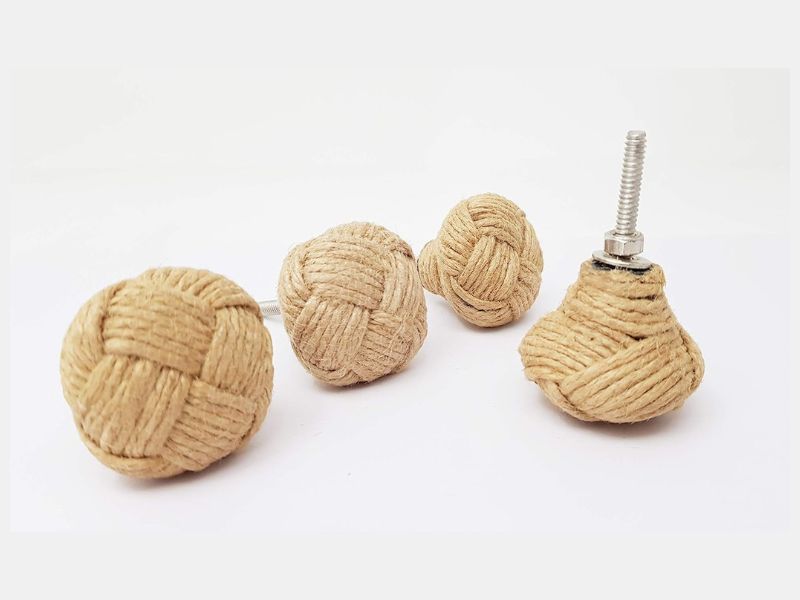 Handmade Jute Rope Knot Drawer Knobs (Set of 4) – 35mm Nautical Cabinet Pull Handles for Wardrobe, Dresser, Kitchen Cupboard – Rustic Coastal Vintage Décor Hardware