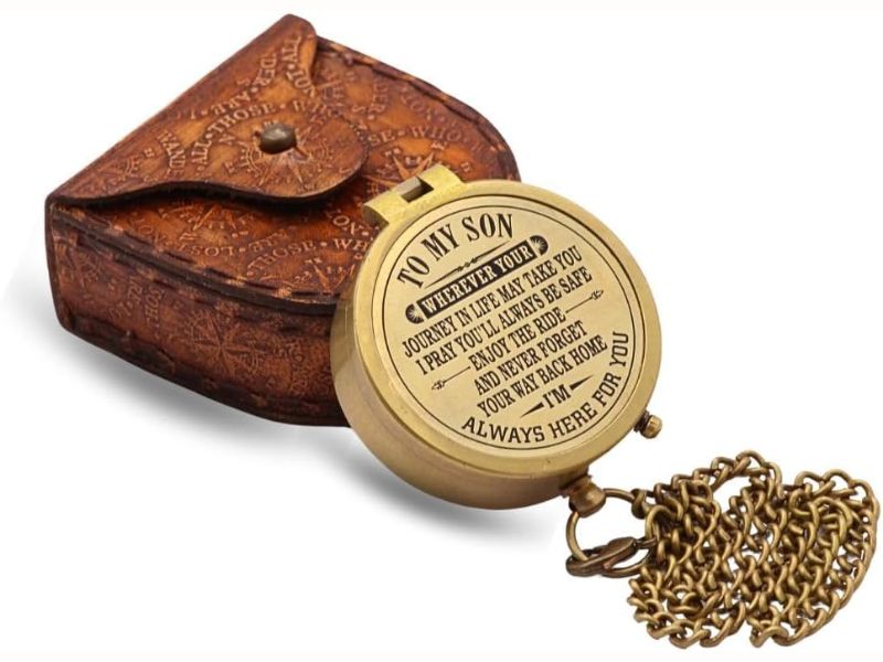 To My Son Compass – Engraved Inspirational Message from Parent – Solid Brass Pocket Compass with Leather Case – Vintage Gift for Son, Graduation, Birthday, Christmas, Life Milestone Keepsake