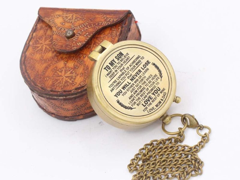 To My Son Compass – Engraved Brass Compass with Chain & Leather Case – Inspirational Quote Gift from Mom & Dad – Vintage Navigation Compass for Graduation, Birthday, Christmas, Keepsake