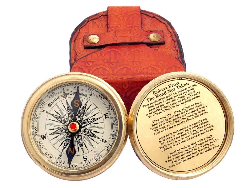Handmade Brass Compass Engraved with Robert Frost Poem “The Road Not Taken” | Vintage Marine Compass with Leather Case | Inspirational Gift for Graduation, Son, Husband, Father