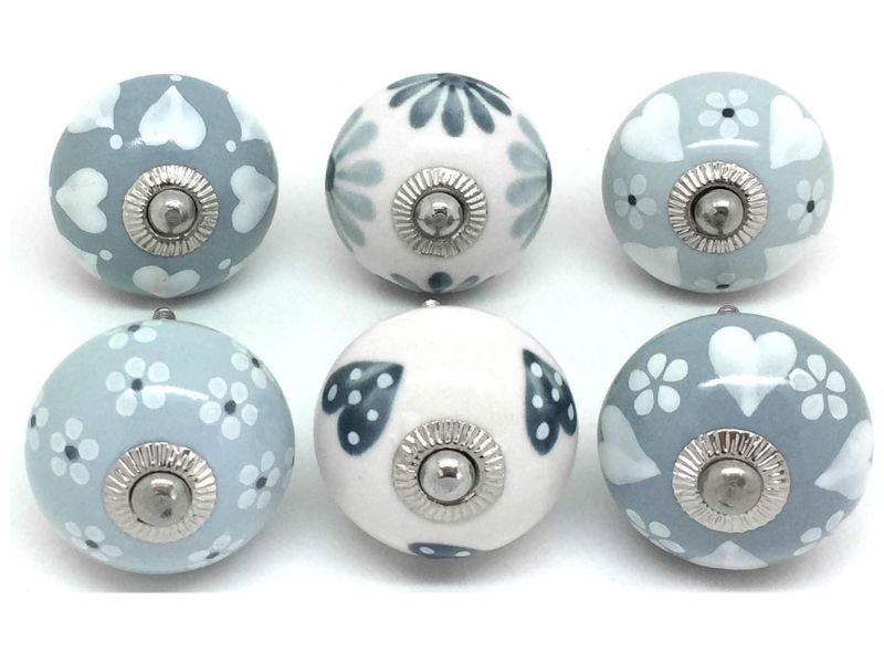 Set of 12 Rare Grey, White & Cream Hand Painted Ceramic Knobs – Vintage Decorative Cabinet Drawer Pulls for Kitchen, Cupboard, Dresser, Furniture Handles with Screws