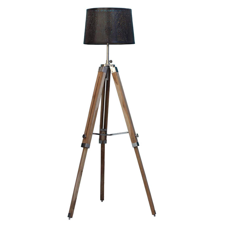 Brass and Wooden Tripod Lamp with Tapered Drum Shade, Brown, Black