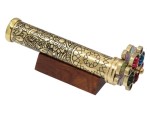 Handcrafted Brass Kaleidoscope with Floral Etched Tube, Two Interchangeable Turning Wheels, Wooden Display Stand – Optical Toy & Decorative Gift for Kids, Adults & Collectors