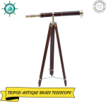 Antique Nautical Navy Single Barrel Standing Brass Telescope with Wood Tripod Marine Telescope, Nautical Home Decor Fully Functional Decorative Maritime Telescopes with Wooden Tripod Stand