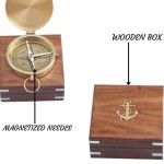 Nautical Solid Brass Gentlemen Compass with Wooden Box , 4 inches, Engravable Brass Compass