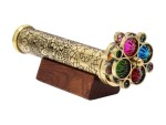 Handcrafted Brass Kaleidoscope with Floral Etched Tube, Two Interchangeable Turning Wheels, Wooden Display Stand – Optical Toy & Decorative Gift for Kids, Adults & Collectors