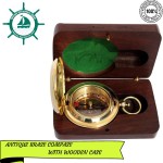 Handmade Push Button Direction Pocket Brass Compass with Wooden Box for Birthday Gift, Baptism Gift, Best Man Gift