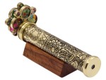 Handcrafted Brass Kaleidoscope with Floral Etched Tube, Two Interchangeable Turning Wheels, Wooden Display Stand – Optical Toy & Decorative Gift for Kids, Adults & Collectors