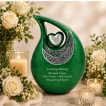 Green Teardrop Cremation Urn with Photo, Engraved Memorial Ashes Urn