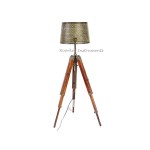 Teak Wood Tripod Floor Lamp with Heavy Metal Shade Antique color