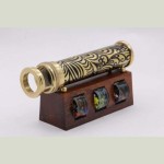Unique Wedding Gift Handmade Brass Kaleidoscope with 3 Interchangeable Object Chambers and Wooden Display Stand Collectible