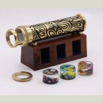 Unique Wedding Gift Handmade Brass Kaleidoscope with 3 Interchangeable Object Chambers and Wooden Display Stand Collectible