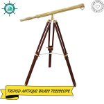 A Shiny Brass Nautical Single Barrel Telescope Wooden Tripod Ideal Home Decor Brass Finish &amp;amp; Brown