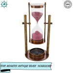 Sand Timer sand clock Antique Brass Sand Timer 5 Minutes with Compass on Hanging Brass Base Hourglass Clock Nautical Theme Decor Compass dial