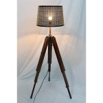 Teak Wood Tripod Floor Lamp with Heavy Metal Shade and Bulb